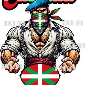May include: A graphic illustration of a muscular figure wearing a blue beret, a white shirt, and a bandana featuring the Basque flag pattern. The word Euskadi is written in bold letters above, and a circular Basque flag is positioned at the bottom.