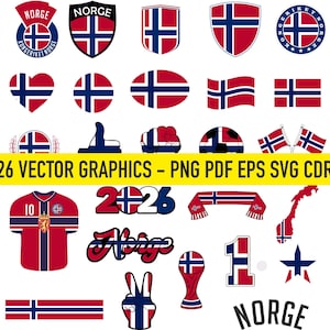 以下が含まれることがあります： ノルウェーの国旗とシンボルをフィーチャーした26個のベクターグラフィックのコレクション。シールドデザイン、旗、サッカーのユニフォーム、地図の輪郭、そして「Norge」という言葉が含まれています。「26 VECTOR GRAPHICS - PNG PDF EPS SVG CDR」というテキストも表示されています。