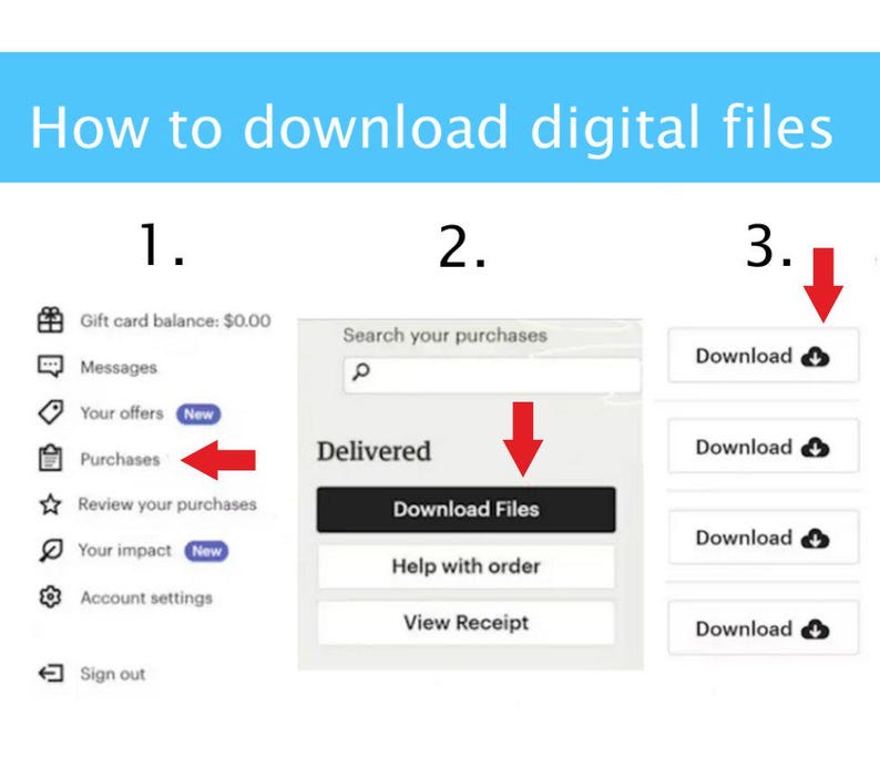 May include: A step-by-step guide on how to download digital files. The image shows the process, starting with selecting "Purchases", then clicking "Download Files", and finally, clicking the "Download" button next to the file.