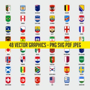 May include: A collection of 48 vector graphics featuring country flags, each displayed within a shield shape. The flags represent nations from Algeria to Uzbekistan, with the text "48 VECTOR GRAPHICS - PNG SVG PDF JPEG" in a yellow banner.