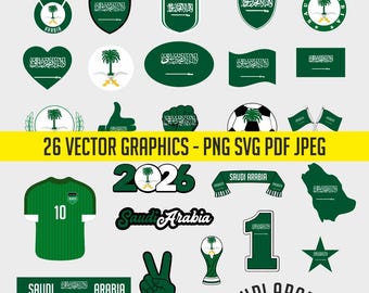 May include: A set of 26 vector graphics showcasing Saudi Arabian emblems and symbols. Includes a football shirt, flags, a football, and various badge designs in green and white.