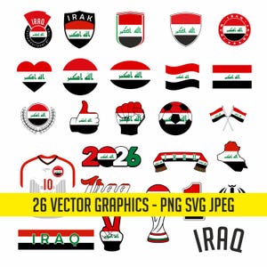 May include: A set of 26 vector graphics with Iraqi flag designs and symbols. Includes shield shapes, circles, flags, a football, a jersey, and the word "IRAQ". The graphics are in red, black, white, and green.
