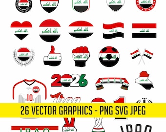 May include: A set of 26 vector graphics with Iraqi flag designs and symbols. Includes shield shapes, circles, flags, a football, a jersey, and the word "IRAQ". The graphics are in red, black, white, and green.