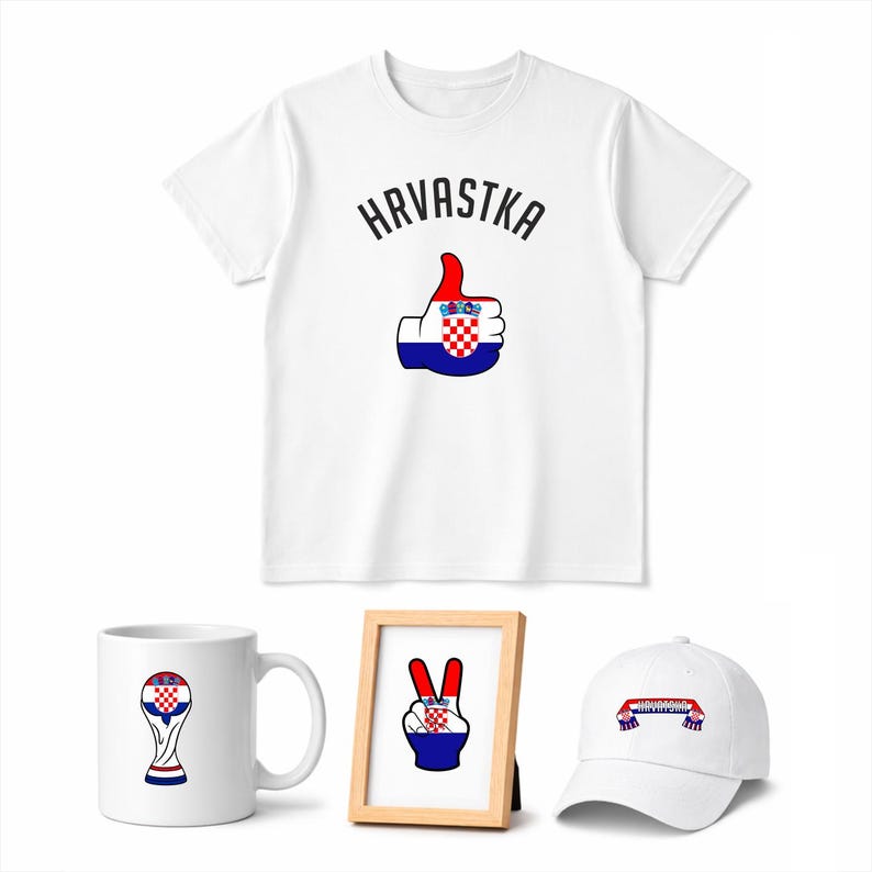 May include: A collection of Croatian-themed merchandise, including a white t-shirt with "Hrvatska" and a thumbs-up graphic in Croatian flag colors. Also, a white mug, a framed peace sign, and a white baseball cap with a Croatian flag design.