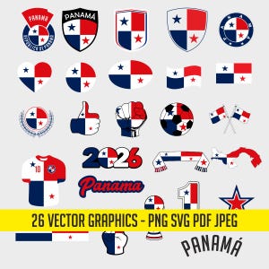 Op de afbeelding: Een verzameling van 26 vectorafbeeldingen met ontwerpen gerelateerd aan Panama. De afbeeldingen bevatten schilden, vlaggen, harten, een voetbal, een shirt en de tekst "Panama" en "2026". De ontwerpen gebruiken de kleuren rood, wit en blauw.