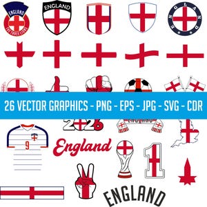Op de afbeelding: Een verzameling van 26 vectorafbeeldingen met Engelse thema's, waaronder vlaggen, schilden, een voetbalshirt en het woord "England" in verschillende stijlen. De tekst "26 VECTOR GRAPHICS - PNG - EPS - JPG - SVG - CDR" is ook aanwezig.