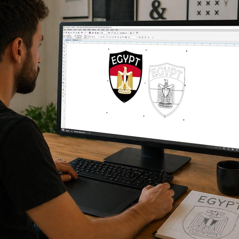 May include: A person working on a computer, designing a graphic of the Egyptian coat of arms. The design features a shield with the word "EGYPT" and the image of an eagle. The design is in color and outline form.