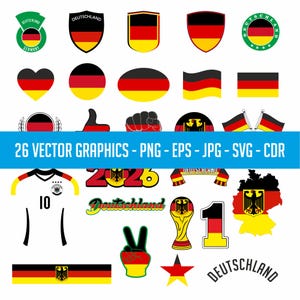 Puede incluir: Un conjunto de gráficos vectoriales con temas alemanes, que incluyen escudos, banderas y una camiseta de fútbol. Los diseños utilizan negro, rojo y amarillo. El texto incluye "26 VECTOR GRAPHICS - PNG - EPS - JPG - SVG - CDR" y "Deutschland".