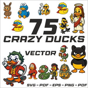 Könnte beinhalten: Eine Sammlung von 75 Cartoon-Enten-Illustrationen in verschiedenen Stilen, darunter ein Superheld, ein Skater und eine Zombie-Ente. Der Text "CRAZY DUCKS" und "VECTOR" ist fett und schwarz. Dateiformate: SVG, PDF, EPS, PNG und PDF.
