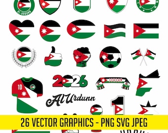 May include: A set of 26 vector graphics showcasing the Jordanian flag in diverse designs. Includes shields, hearts, a football, a jersey, and the text "Al-Urdunn". The graphics are in red, green, black, and white.