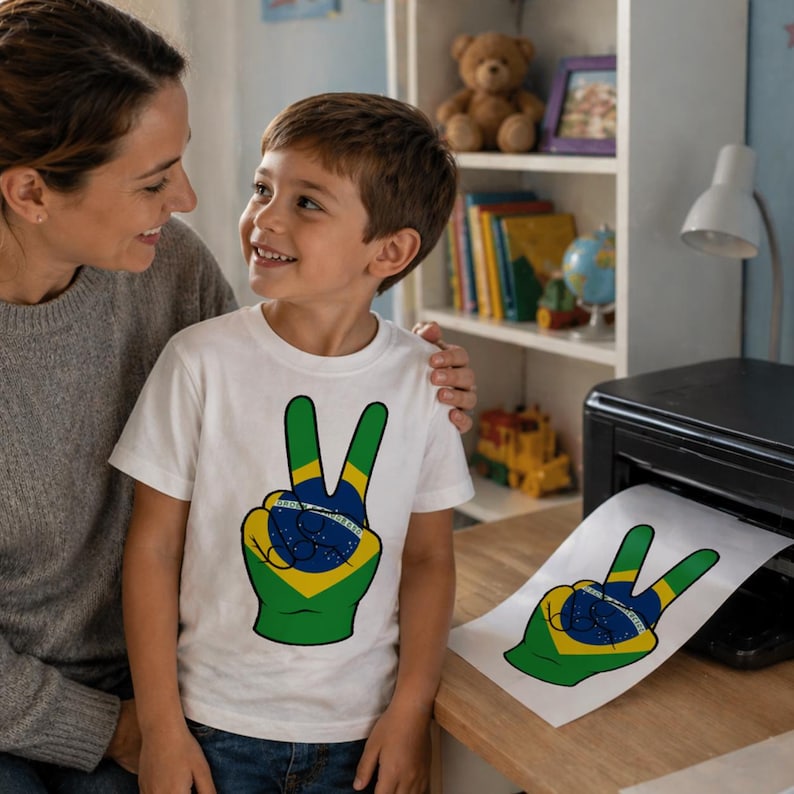 May include: A white t-shirt featuring a peace sign in the colors of the Brazilian flag. The design is printed on the shirt and a printed copy is coming out of a printer. A woman and a child are smiling at each other.