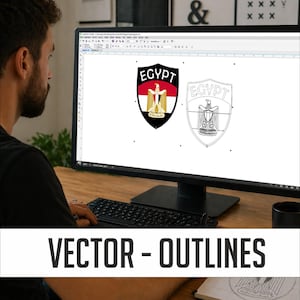May include: A computer screen displays a vector graphic of the Egyptian coat of arms. The design includes the word "EGYPT" and a shield with the colors red, white, black, and gold. The text "VECTOR - OUTLINES" is at the bottom of the image.