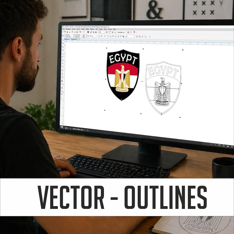May include: A computer screen displays a vector graphic of the Egyptian coat of arms. The design includes the word "EGYPT" and a shield with the colors red, white, black, and gold. The text "VECTOR - OUTLINES" is at the bottom of the image.