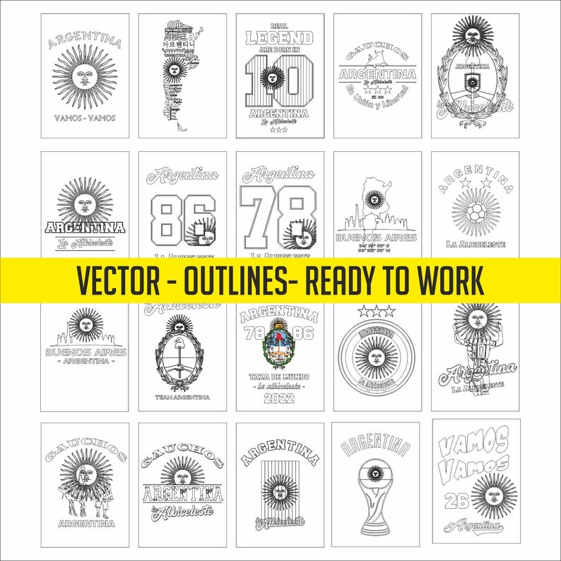 May include: A collection of black and white vector designs featuring Argentinian themes. Designs include the Argentinian sun, the country's map, jersey numbers, and text such as "Argentina" and "Vamos". The text "VECTOR - OUTLINES - READY TO WORK" is also present.