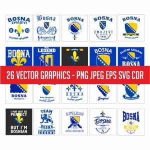 Könnte beinhalten: Eine Sammlung von 26 Vektorgrafiken mit bosnischen Nationalsymbolen, darunter die Fleur-de-Lis, die Nationalflagge und Texte wie Bosna, Zmajevi und Zlatni Ljiljani. Die Designs sind in den Farben Blau, Gelb, Weiß und Schwarz gehalten.