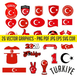 Könnte beinhalten: Eine Sammlung von 26 Vektorgrafiken mit der türkischen Flagge, darunter Schilde, Herzen, Kreise, Ovale, ein Fußball, ein Trikot mit der Nummer 10, eine Landkarte, ein Pokal und der Text 26 VECTOR GRAPHICS - PNG PDF JPG EPS SVG CDR.