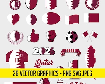 May include: A set of 26 vector graphics in maroon and white, including shields, flags, a football, a jersey, and the word "Qatar" in different styles. The image also features the text "2026".