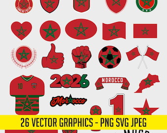 May include: A set of 26 vector graphics with Moroccan designs. The images include flags, shields, a football jersey, a football, and the word "Morocco" in various styles. The colour scheme is red, green, and black.