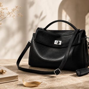 Large black genuine cowhide leather shoulder bag for women displayed on a marble table, minimalist luxury handbag with adjustable strap and lock closure, elegant work tote and everyday commuter purse