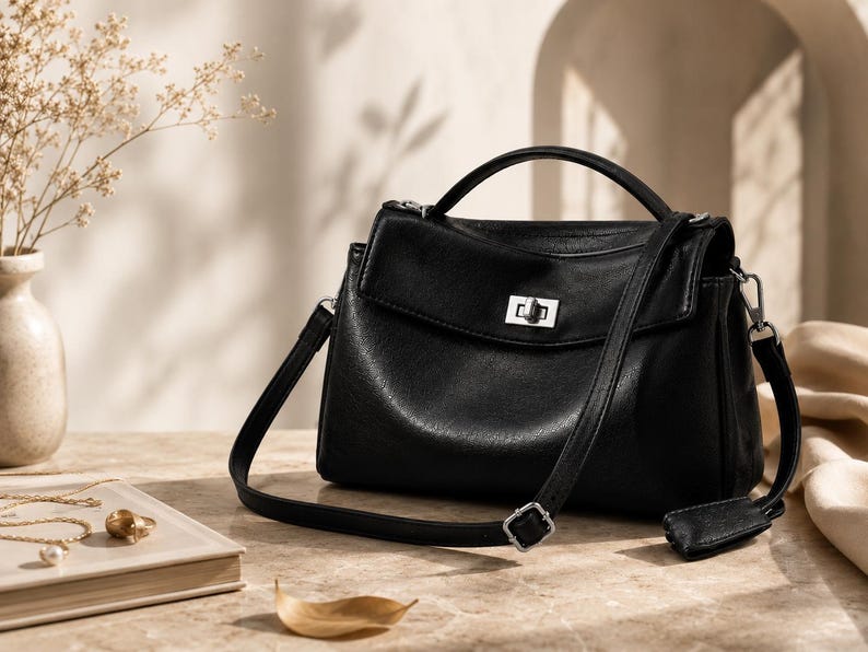 Large black genuine cowhide leather shoulder bag for women displayed on a marble table, minimalist luxury handbag with adjustable strap and lock closure, elegant work tote and everyday commuter purse