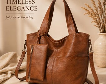 Vintage Faux Leather Tote Bag, 2-in-1 Work Commuter, Shoulder Crossbody Handbag