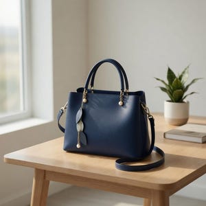 May include: A navy blue handbag with gold-colored hardware and a detachable shoulder strap. The bag features a decorative leaf charm and is set on a wooden table. A small plant in a white pot and a book are also on the table.