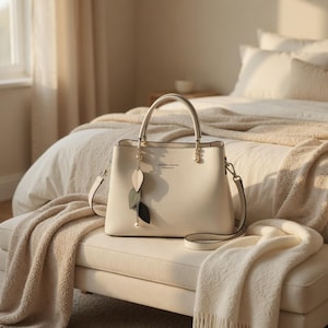 May include: Cream-colored handbag with top handles and a detachable shoulder strap. The bag features a decorative leaf charm and the text "FOREVER & GRACE". The bag is sitting on a cream-colored bench with a beige blanket.