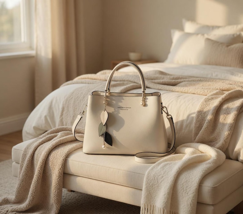 May include: Cream-colored handbag with top handles and a detachable shoulder strap. The bag features a decorative leaf charm and the text "FOREVER & GRACE". The bag is sitting on a cream-colored bench with a beige blanket.