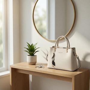 May include: A cream-colored handbag with gold-colored hardware and a detachable shoulder strap sits on a wooden table. A small potted plant and a set of keys are also on the table. A gold-framed mirror hangs on the wall behind the bag.