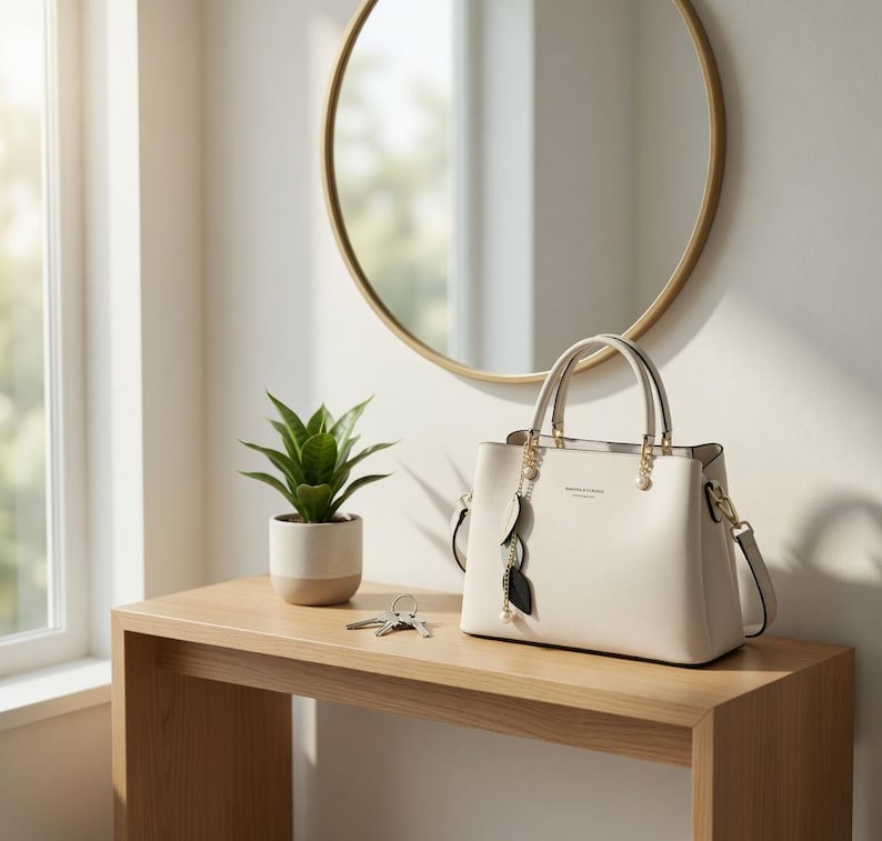 May include: A cream-colored handbag with gold-colored hardware and a detachable shoulder strap sits on a wooden table. A small potted plant and a set of keys are also on the table. A gold-framed mirror hangs on the wall behind the bag.