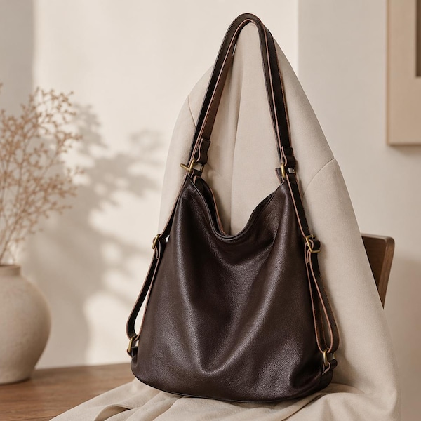 Leather Hobo Bag Women, Large Capacity Shoulder Bag, Convertible Backpack Purse, Soft Cowhide Tote, Everyday Work Handbag