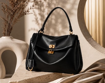Genuine Leather Rodeo Tote, Women's Cowhide Shoulder bag, Structured Black Handbag, Everyday Work Casual purse