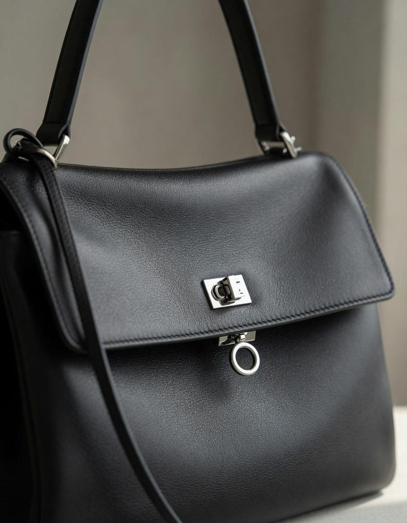 Pu&ograve; includere: Una borsa in pelle nera con chiusura a patta e chiusura argentata. La borsa ha un manico superiore e una tracolla staccabile. La pelle sembra liscia e la borsa ha una forma strutturata.