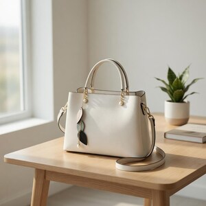 May include: A cream-colored handbag with a top handle and a detachable shoulder strap. The bag features gold-colored hardware and a decorative charm with leaf-shaped pendants. The bag is sitting on a wooden table.