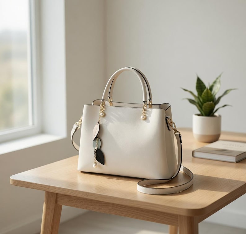 May include: A cream-colored handbag with a top handle and a detachable shoulder strap. The bag features gold-colored hardware and a decorative charm with leaf-shaped pendants. The bag is sitting on a wooden table.