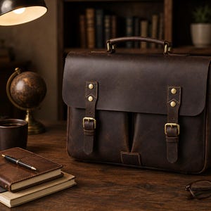 May include: A dark brown leather satchel featuring a top handle, a fold-over flap with two vertical straps, and brass-toned metal buckles and rivets. The bag has a structured rectangular shape with two front pockets visible beneath the main flap.
