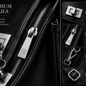 Premium silver hardware and zipper details on black leather shoulder bag, elegant lock closure, adjustable strap fittings and durable craftsmanship for everyday women's handbag