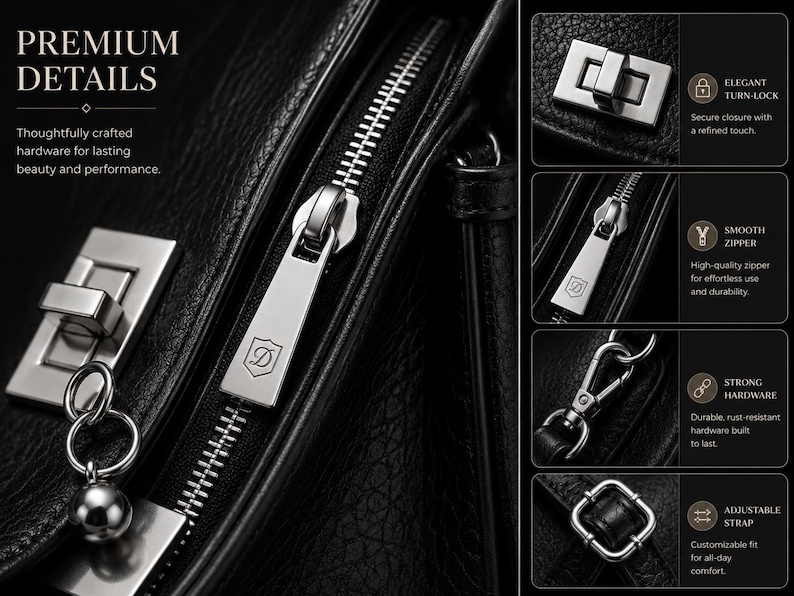 Premium silver hardware and zipper details on black leather shoulder bag, elegant lock closure, adjustable strap fittings and durable craftsmanship for everyday women's handbag