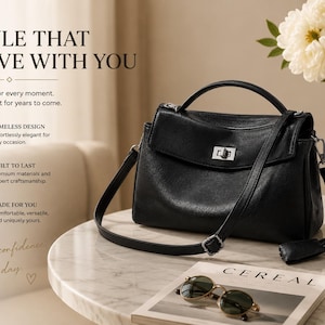 Large black leather shoulder bag displayed on a marble table with modern home decor, luxury women's handbag featuring adjustable strap, lock closure and minimalist design