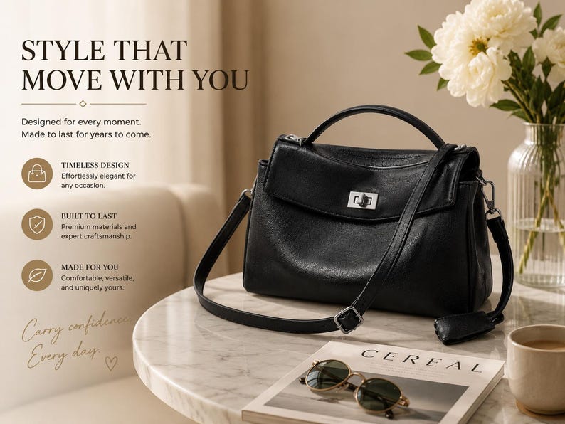 Large black leather shoulder bag displayed on a marble table with modern home decor, luxury women's handbag featuring adjustable strap, lock closure and minimalist design