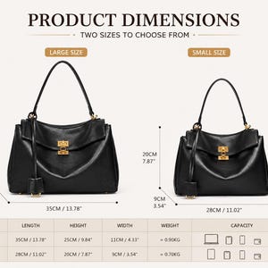 Black genuine leather handbag available in large and small sizes, dimensions comparison for women's shoulder bags, spacious work tote and everyday commuter purse