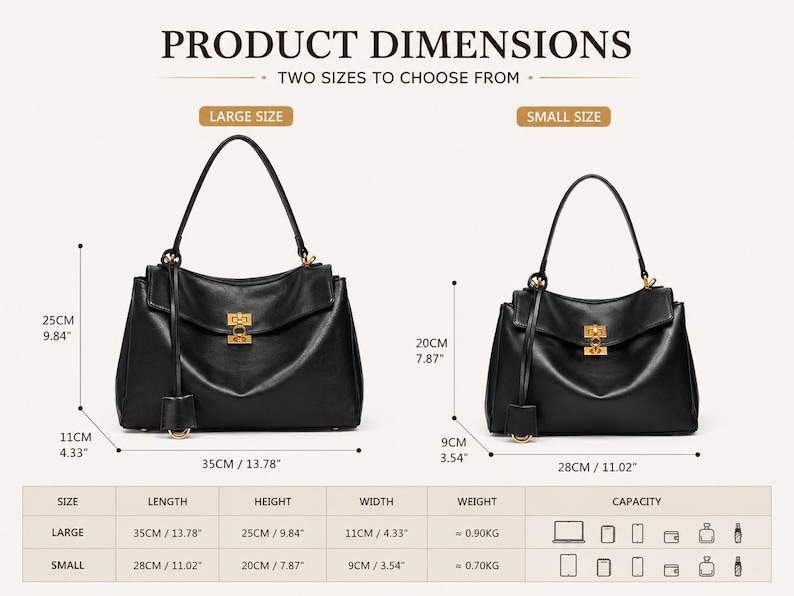 Black genuine leather handbag available in large and small sizes, dimensions comparison for women's shoulder bags, spacious work tote and everyday commuter purse