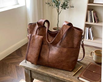 Borsa tote vintage in similpelle, 2 in 1 per lavoro e pendolarismo, borsa a tracolla.