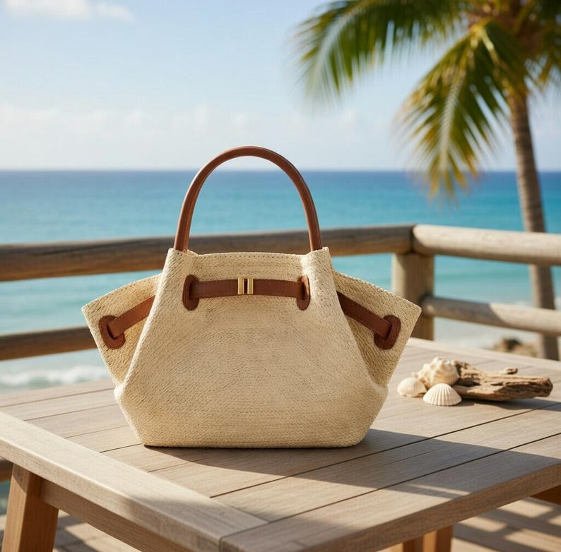Puede incluir: Bolso tote tejido beige con asas y detalles de cuero marr&oacute;n. El bolso tiene una forma estructurada con cierre de cord&oacute;n. Est&aacute; sobre una mesa de madera, con una escena de playa al fondo.