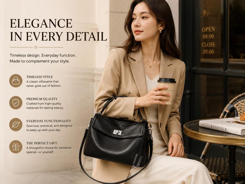 Professional woman carrying a black leather work tote while sitting at a cafe, genuine cowhide shoulder handbag for office, commuting, travel and everyday elegant style