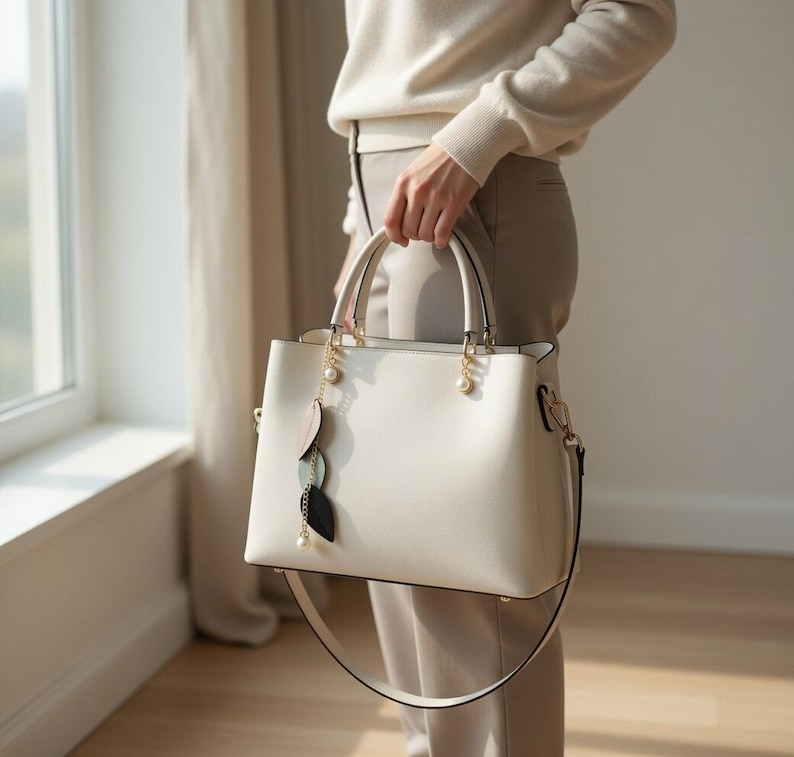 May include: Cream-colored handbag with a structured design, featuring top handles and a detachable shoulder strap. The bag is adorned with gold-toned hardware and decorative leaf charms. A pearl accent hangs from the handle. The bag is held by a person wearing neutral-toned clothing.