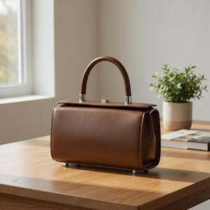 May include: A brown leather handbag with a rounded handle and silver-toned hardware. The rectangular bag sits on a wooden table, with a small plant and a book in the background. The bag has a structured design.