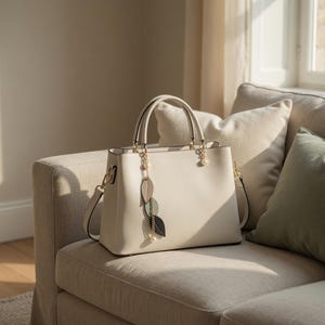 May include: Cream-colored handbag with gold-tone hardware, a top handle, and a detachable shoulder strap. The bag features a decorative charm with leaf-shaped pendants. The bag is sitting on a beige sofa with pillows.