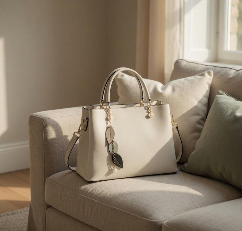 May include: Cream-colored handbag with gold-tone hardware, a top handle, and a detachable shoulder strap. The bag features a decorative charm with leaf-shaped pendants. The bag is sitting on a beige sofa with pillows.