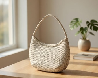 French Basket Bag Handwoven Leather Tote | Cowhide Shoulder Handbag for Women | Woven Luxury Purse